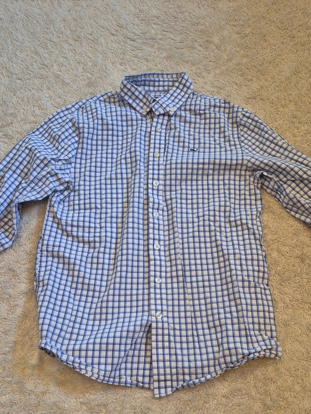 VINEYARD VINES boys Whale Preppy Shirt L Blue Checker Plaid Classic Button Down